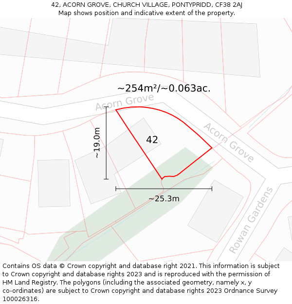 42, ACORN GROVE, CHURCH VILLAGE, PONTYPRIDD, CF38 2AJ: Plot and title map