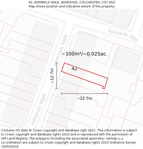 42, ADMIRALS WALK, WIVENHOE, COLCHESTER, CO7 9SZ: Plot and title map