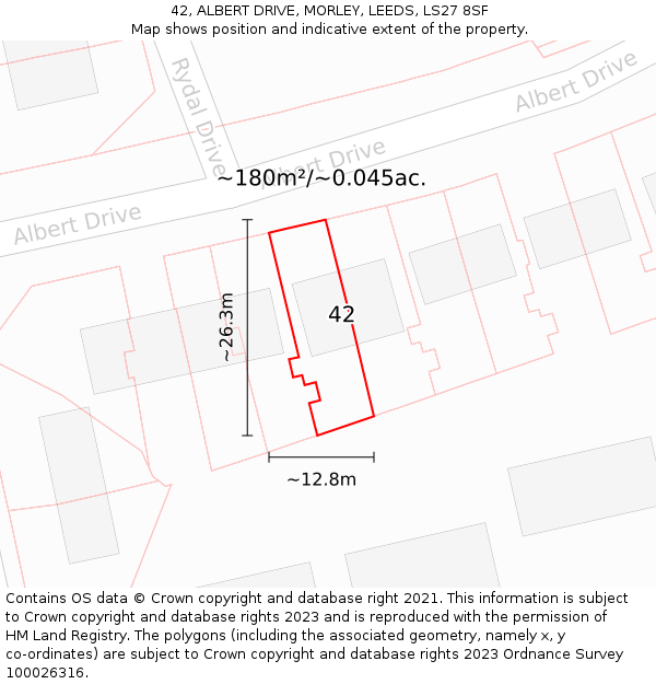 42, ALBERT DRIVE, MORLEY, LEEDS, LS27 8SF: Plot and title map