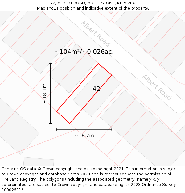 42, ALBERT ROAD, ADDLESTONE, KT15 2PX: Plot and title map
