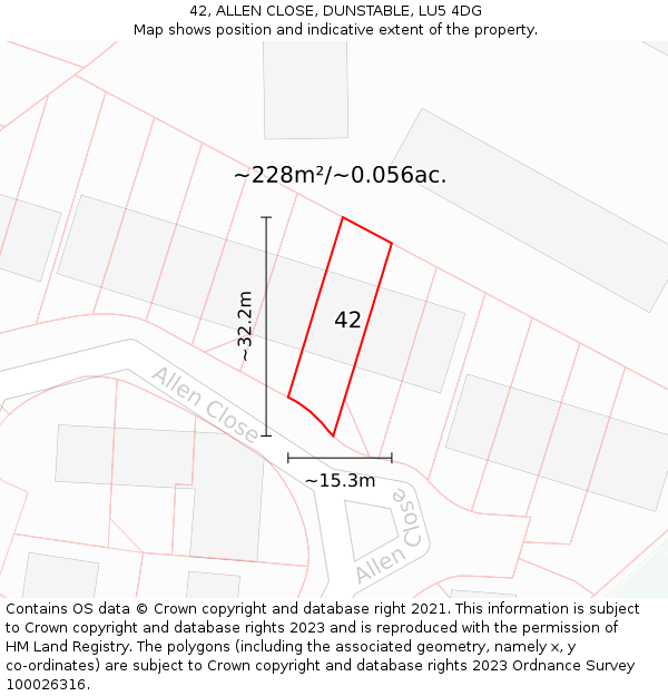 42, ALLEN CLOSE, DUNSTABLE, LU5 4DG: Plot and title map