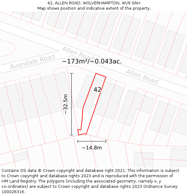 42, ALLEN ROAD, WOLVERHAMPTON, WV6 0AH: Plot and title map