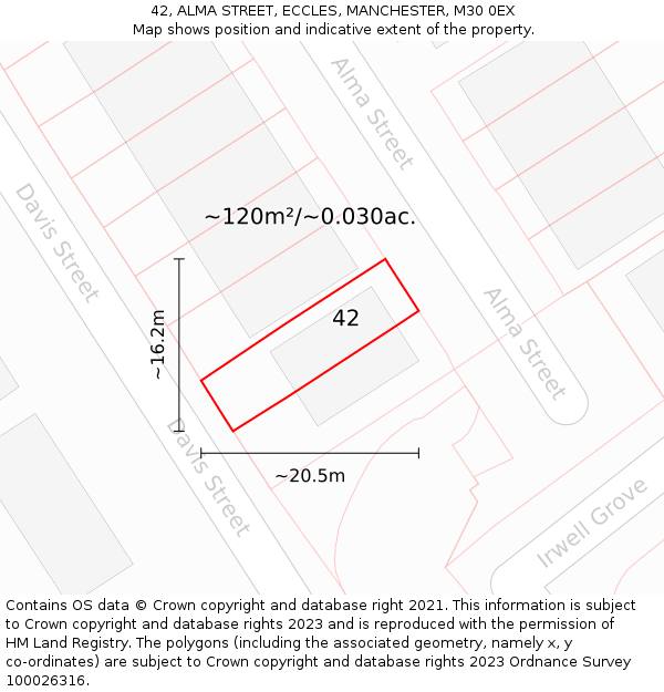 42, ALMA STREET, ECCLES, MANCHESTER, M30 0EX: Plot and title map