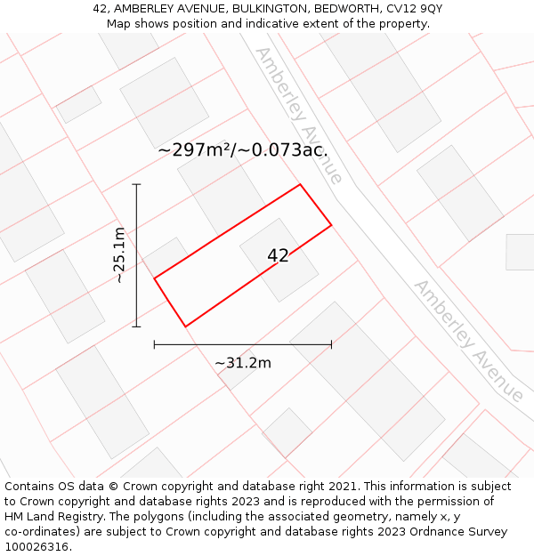 42, AMBERLEY AVENUE, BULKINGTON, BEDWORTH, CV12 9QY: Plot and title map