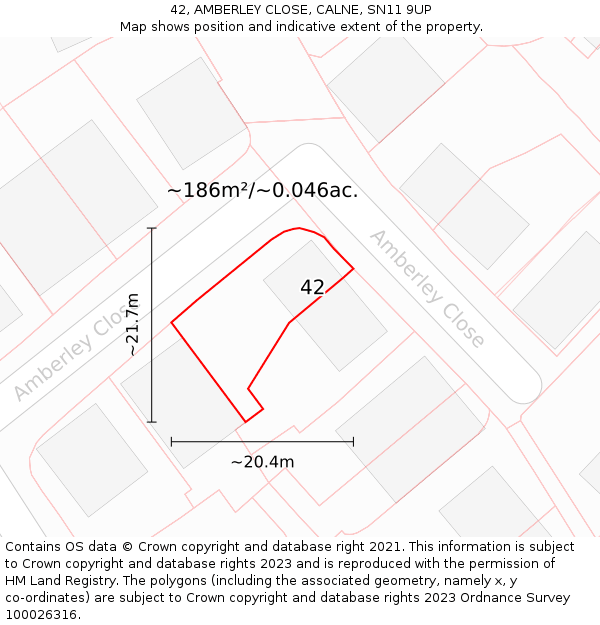 42, AMBERLEY CLOSE, CALNE, SN11 9UP: Plot and title map