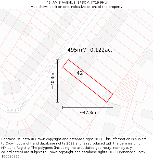 42, AMIS AVENUE, EPSOM, KT19 9HU: Plot and title map
