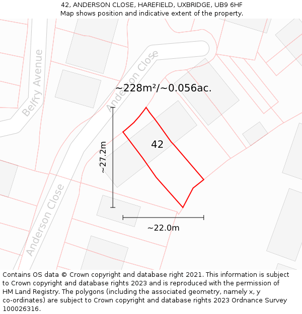 42, ANDERSON CLOSE, HAREFIELD, UXBRIDGE, UB9 6HF: Plot and title map