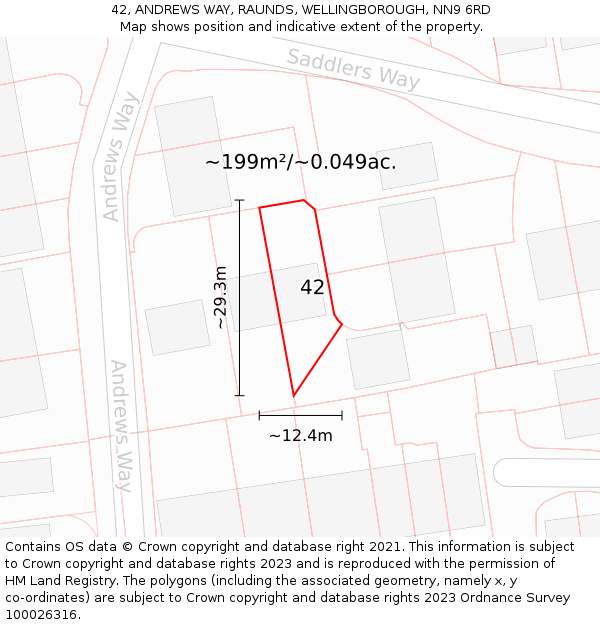 42, ANDREWS WAY, RAUNDS, WELLINGBOROUGH, NN9 6RD: Plot and title map