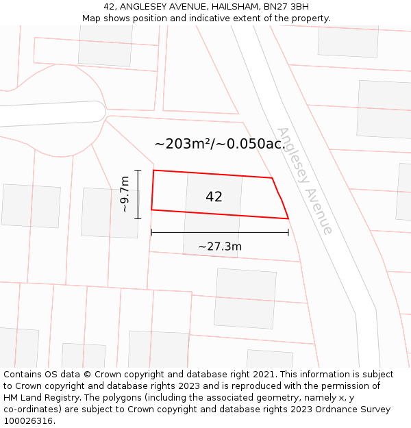42, ANGLESEY AVENUE, HAILSHAM, BN27 3BH: Plot and title map