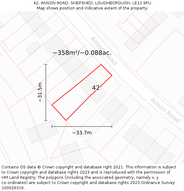 42, ANSON ROAD, SHEPSHED, LOUGHBOROUGH, LE12 9PU: Plot and title map