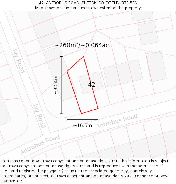 42, ANTROBUS ROAD, SUTTON COLDFIELD, B73 5EN: Plot and title map