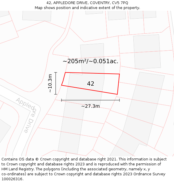 42, APPLEDORE DRIVE, COVENTRY, CV5 7PQ: Plot and title map