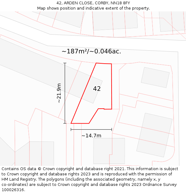 42, ARDEN CLOSE, CORBY, NN18 8FY: Plot and title map