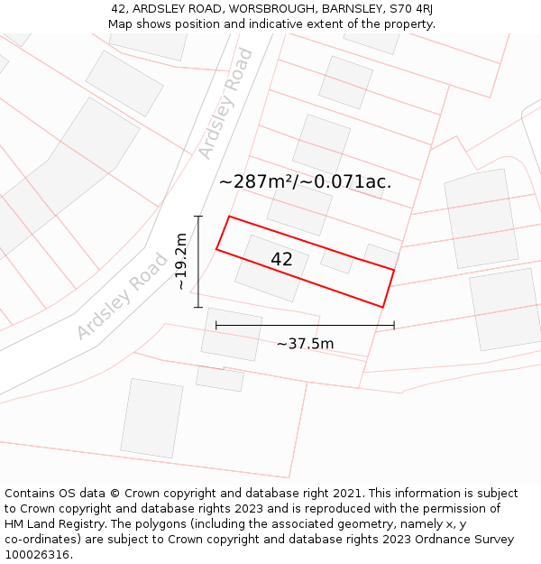 42, ARDSLEY ROAD, WORSBROUGH, BARNSLEY, S70 4RJ: Plot and title map