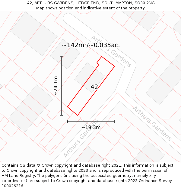 42, ARTHURS GARDENS, HEDGE END, SOUTHAMPTON, SO30 2NG: Plot and title map