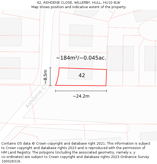 42, ASHDENE CLOSE, WILLERBY, HULL, HU10 6LW: Plot and title map