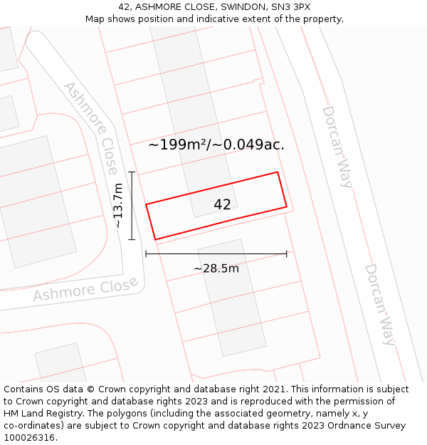 42, ASHMORE CLOSE, SWINDON, SN3 3PX: Plot and title map