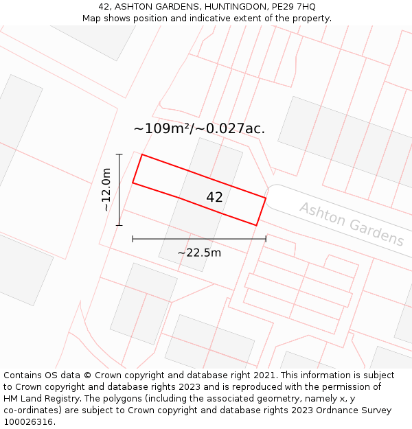 42, ASHTON GARDENS, HUNTINGDON, PE29 7HQ: Plot and title map