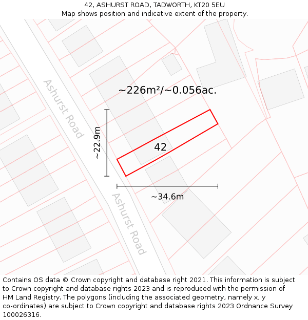 42, ASHURST ROAD, TADWORTH, KT20 5EU: Plot and title map
