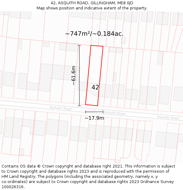 42, ASQUITH ROAD, GILLINGHAM, ME8 0JD: Plot and title map