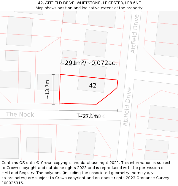 42, ATTFIELD DRIVE, WHETSTONE, LEICESTER, LE8 6NE: Plot and title map