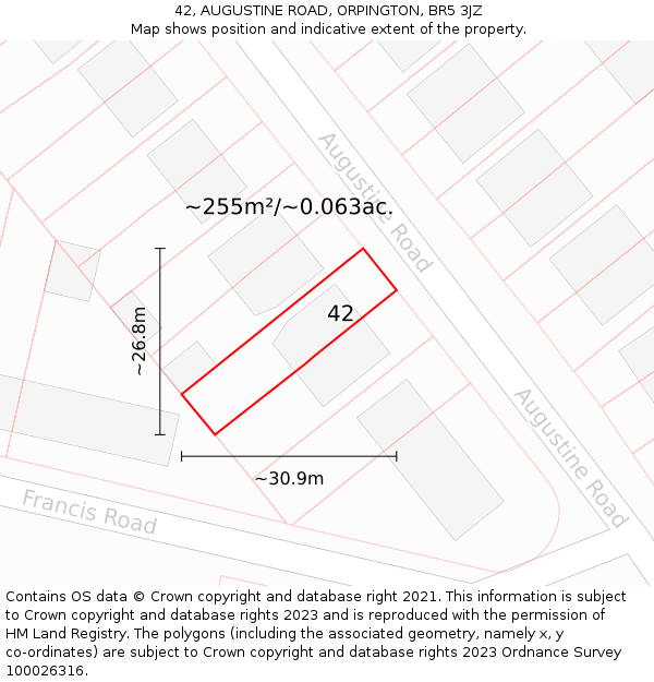 42, AUGUSTINE ROAD, ORPINGTON, BR5 3JZ: Plot and title map