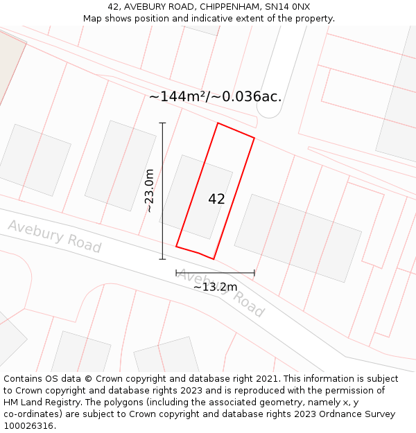 42, AVEBURY ROAD, CHIPPENHAM, SN14 0NX: Plot and title map