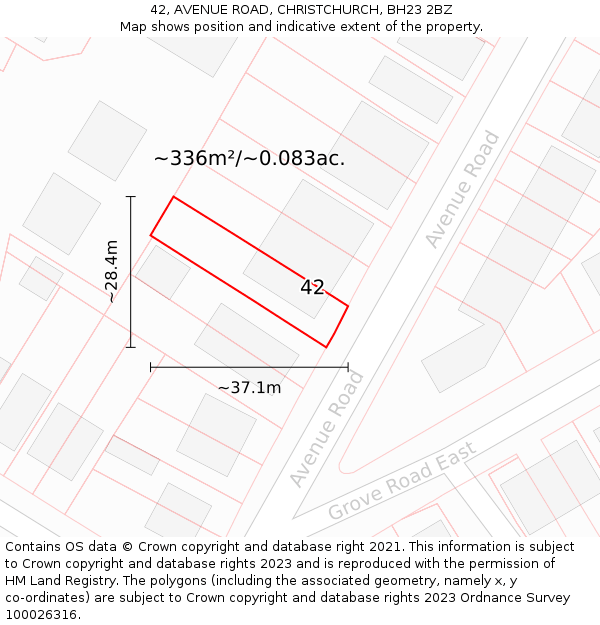 42, AVENUE ROAD, CHRISTCHURCH, BH23 2BZ: Plot and title map