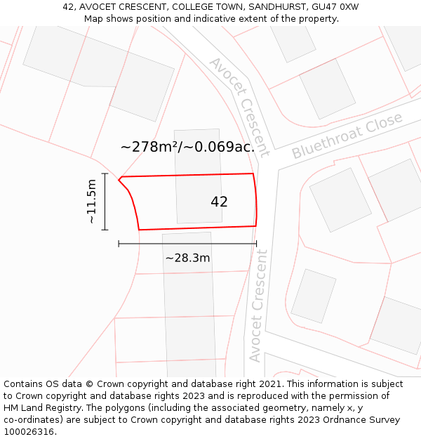 42, AVOCET CRESCENT, COLLEGE TOWN, SANDHURST, GU47 0XW: Plot and title map