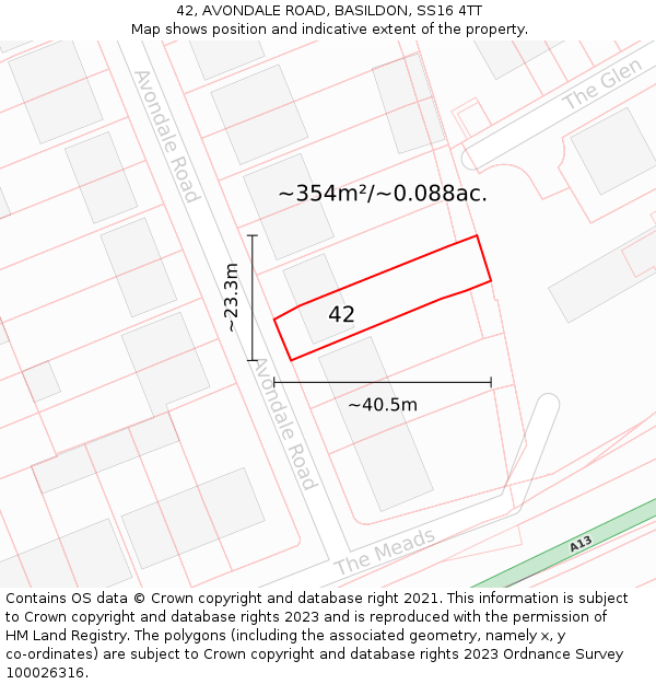 42, AVONDALE ROAD, BASILDON, SS16 4TT: Plot and title map