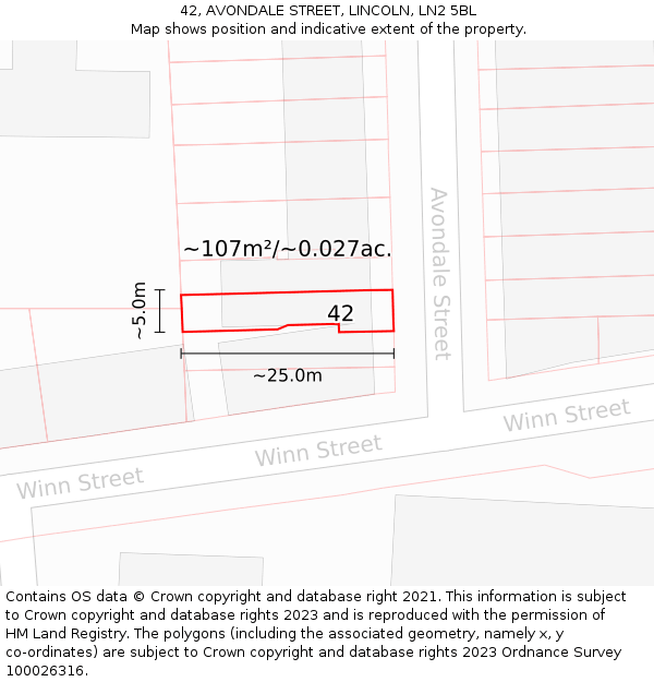 42, AVONDALE STREET, LINCOLN, LN2 5BL: Plot and title map