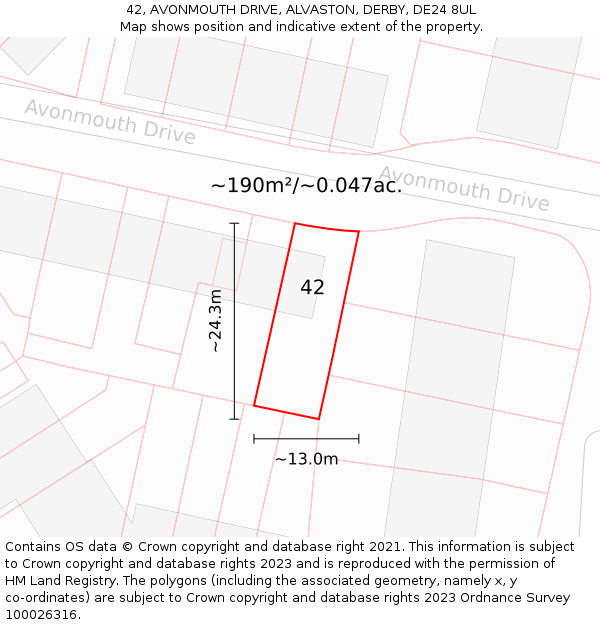 42, AVONMOUTH DRIVE, ALVASTON, DERBY, DE24 8UL: Plot and title map