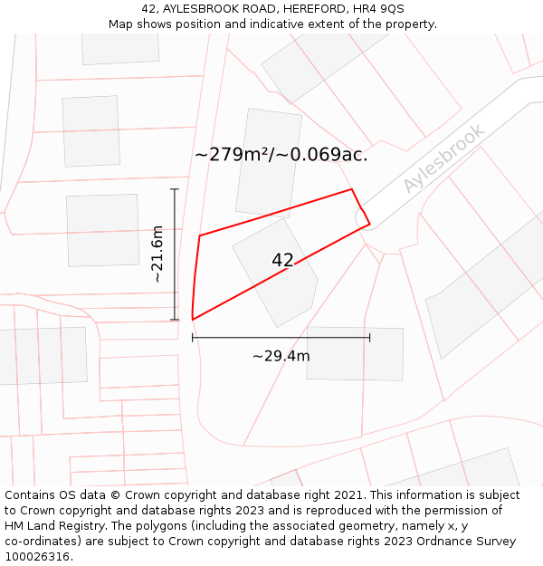 42, AYLESBROOK ROAD, HEREFORD, HR4 9QS: Plot and title map