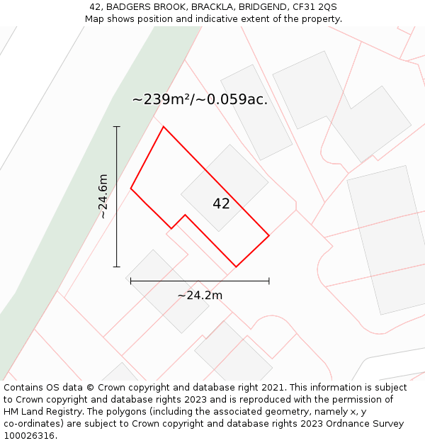 42, BADGERS BROOK, BRACKLA, BRIDGEND, CF31 2QS: Plot and title map