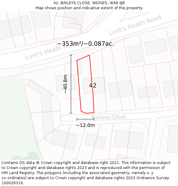 42, BAILEYS CLOSE, WIDNES, WA8 9JR: Plot and title map