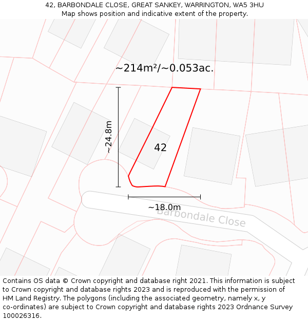42, BARBONDALE CLOSE, GREAT SANKEY, WARRINGTON, WA5 3HU: Plot and title map