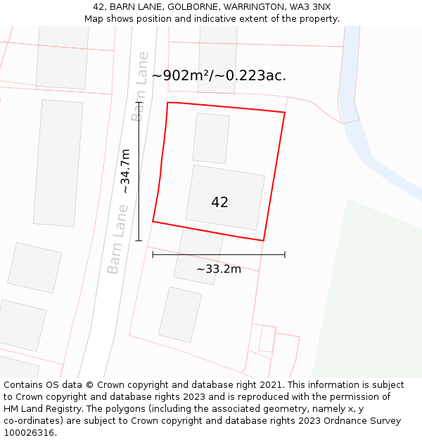 42, BARN LANE, GOLBORNE, WARRINGTON, WA3 3NX: Plot and title map