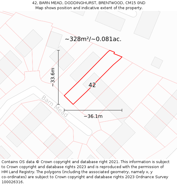 42, BARN MEAD, DODDINGHURST, BRENTWOOD, CM15 0ND: Plot and title map