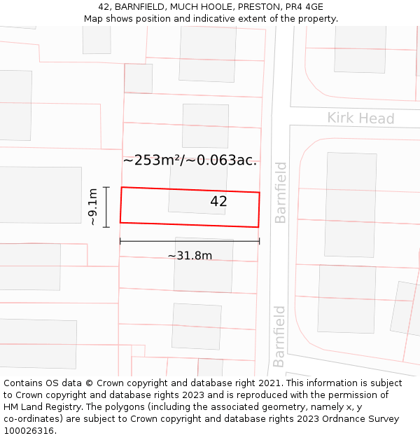 42, BARNFIELD, MUCH HOOLE, PRESTON, PR4 4GE: Plot and title map
