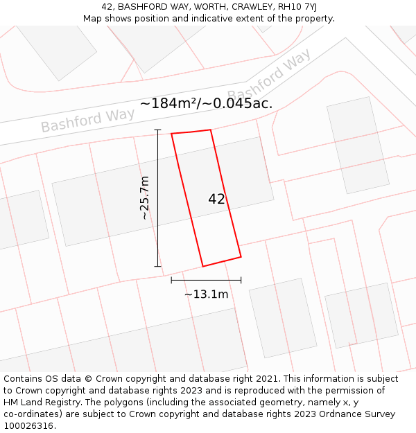 42, BASHFORD WAY, WORTH, CRAWLEY, RH10 7YJ: Plot and title map