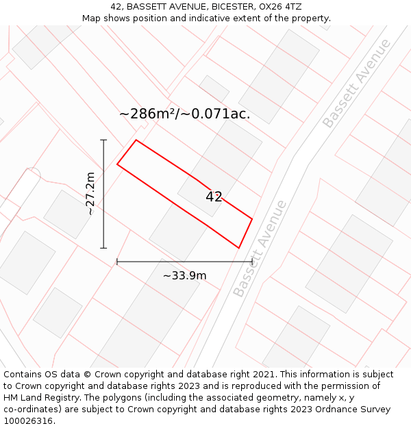42, BASSETT AVENUE, BICESTER, OX26 4TZ: Plot and title map