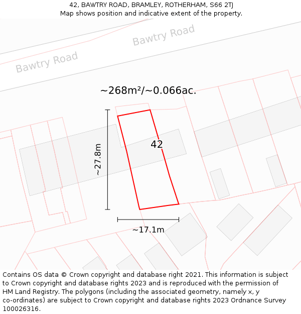 42, BAWTRY ROAD, BRAMLEY, ROTHERHAM, S66 2TJ: Plot and title map
