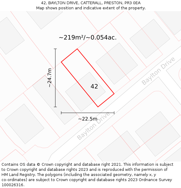 42, BAYLTON DRIVE, CATTERALL, PRESTON, PR3 0EA: Plot and title map