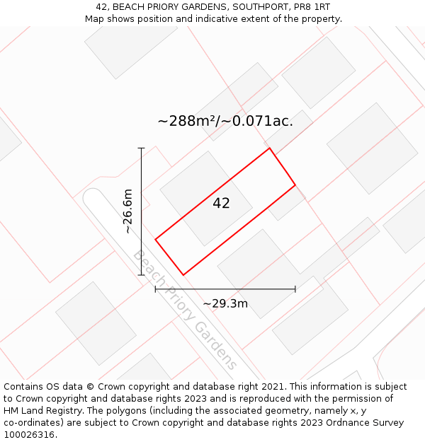 42, BEACH PRIORY GARDENS, SOUTHPORT, PR8 1RT: Plot and title map