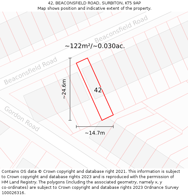 42, BEACONSFIELD ROAD, SURBITON, KT5 9AP: Plot and title map
