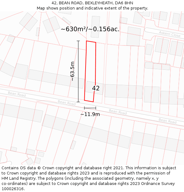 42, BEAN ROAD, BEXLEYHEATH, DA6 8HN: Plot and title map