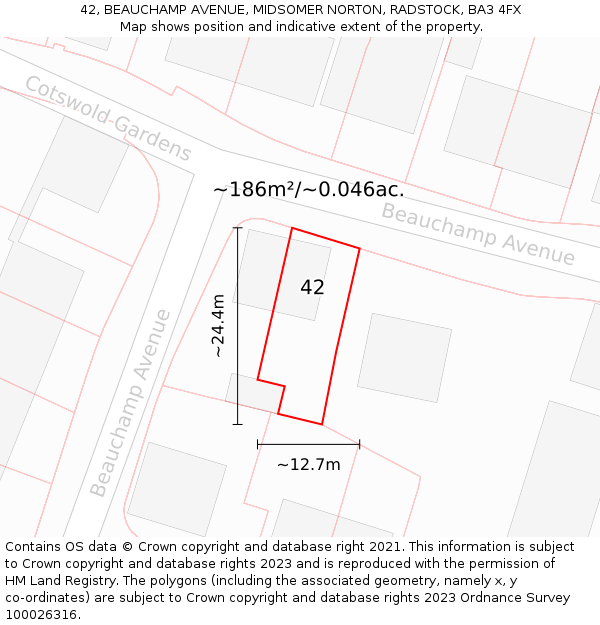 42, BEAUCHAMP AVENUE, MIDSOMER NORTON, RADSTOCK, BA3 4FX: Plot and title map