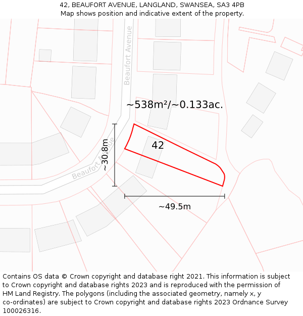 42, BEAUFORT AVENUE, LANGLAND, SWANSEA, SA3 4PB: Plot and title map