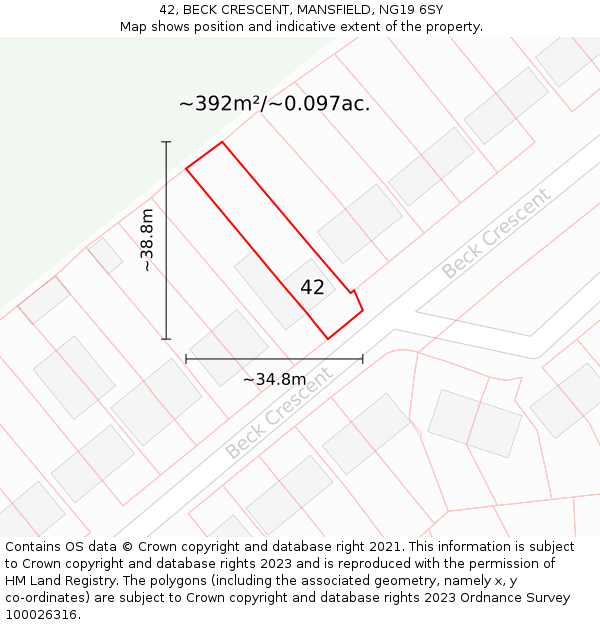 42, BECK CRESCENT, MANSFIELD, NG19 6SY: Plot and title map