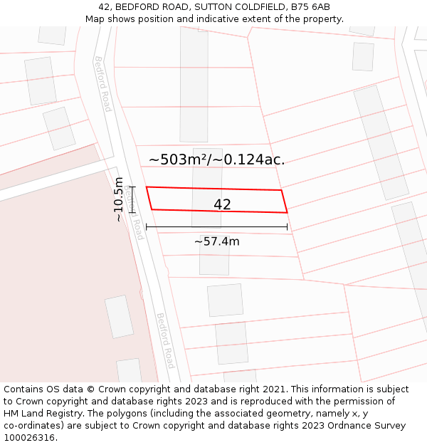 42, BEDFORD ROAD, SUTTON COLDFIELD, B75 6AB: Plot and title map